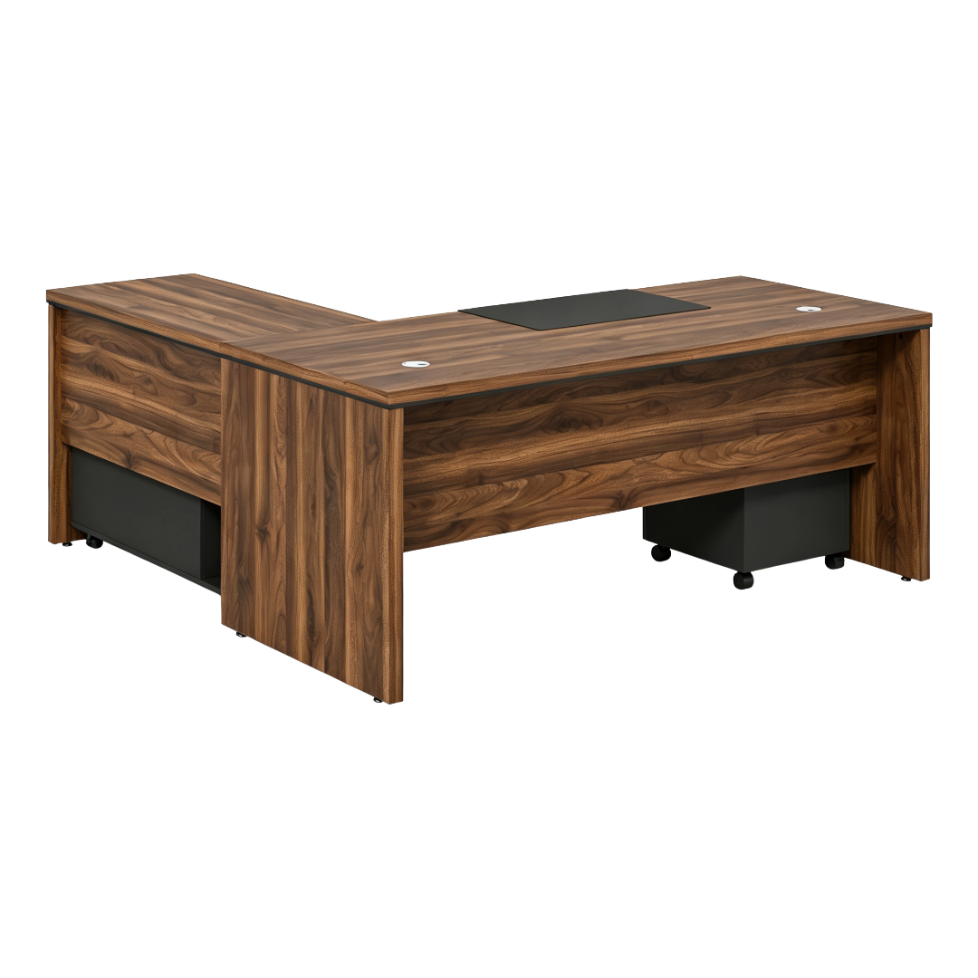 DESK EXEC W/PEDESTAL L-SHP BR/GY