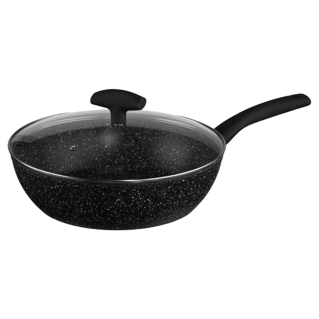 SAUTE PAN 28CM W/GLS LID ALUM BK