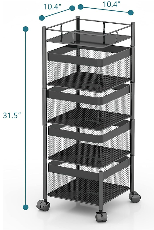 4-Tier Square Rolling Storage Cart - Black