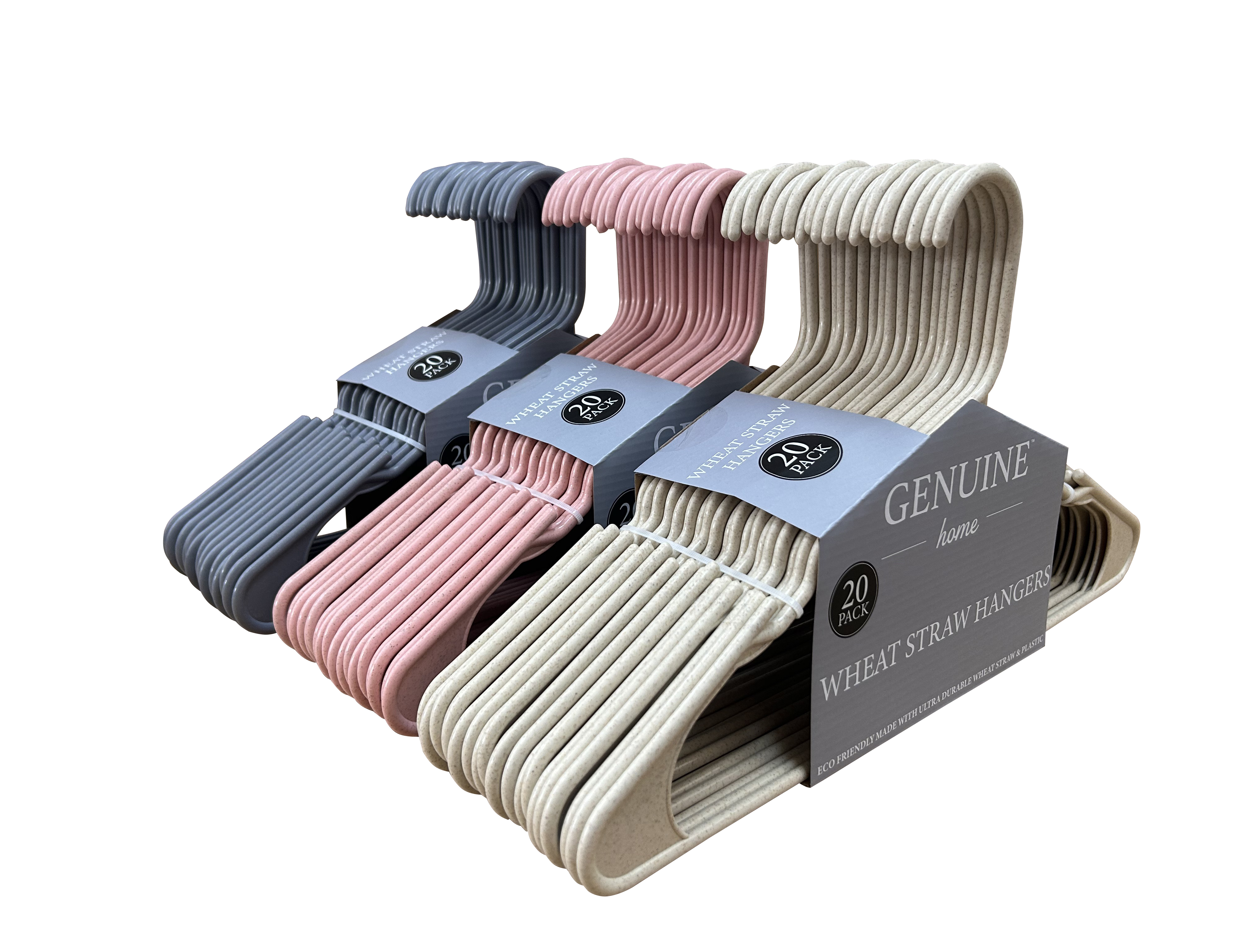 Wheat Straw Clothes Hangers - 20 Pack (Tan, Pink, Grey)