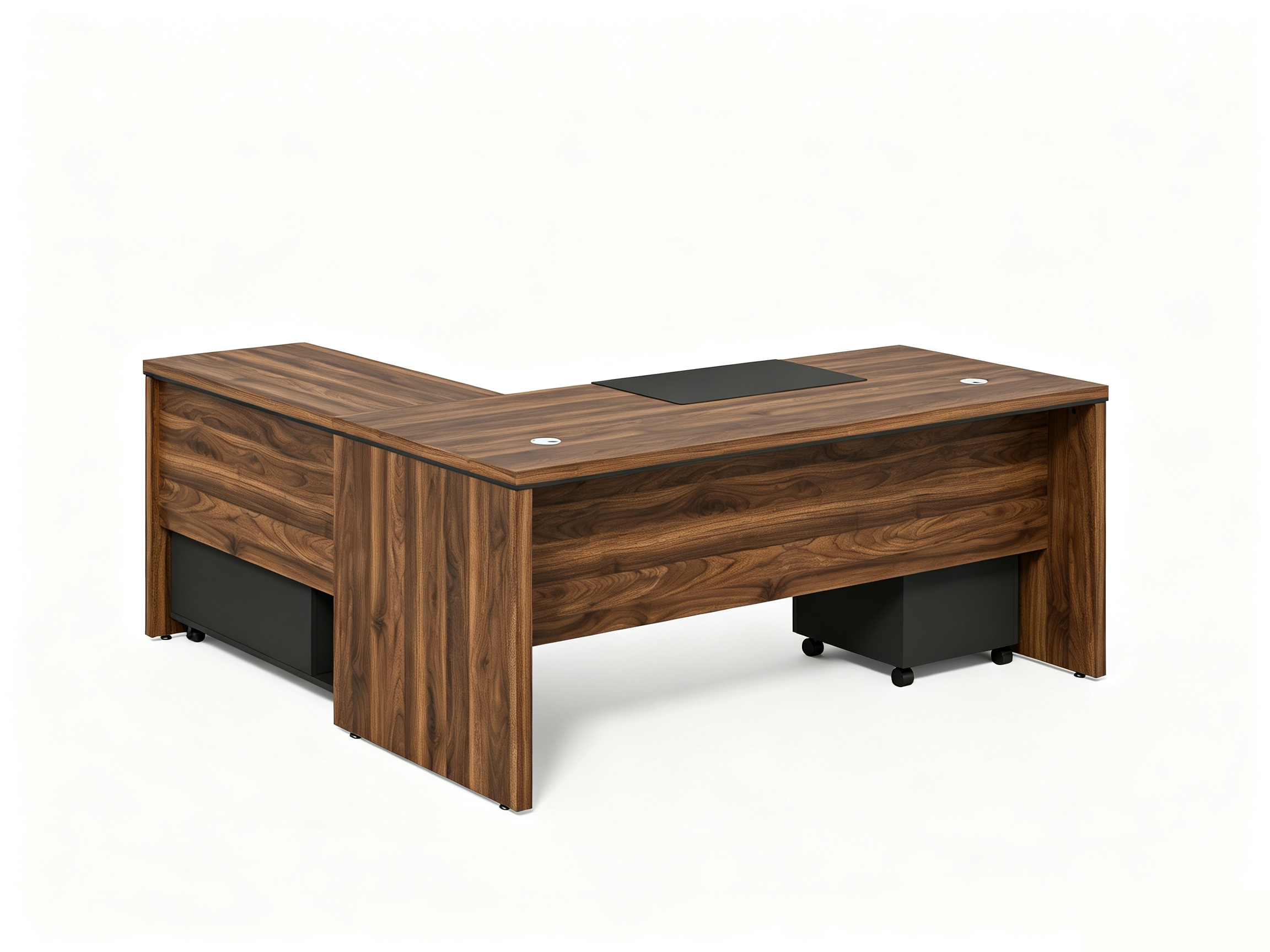 DESK EXEC W/PEDESTAL L-SHP BR/GY