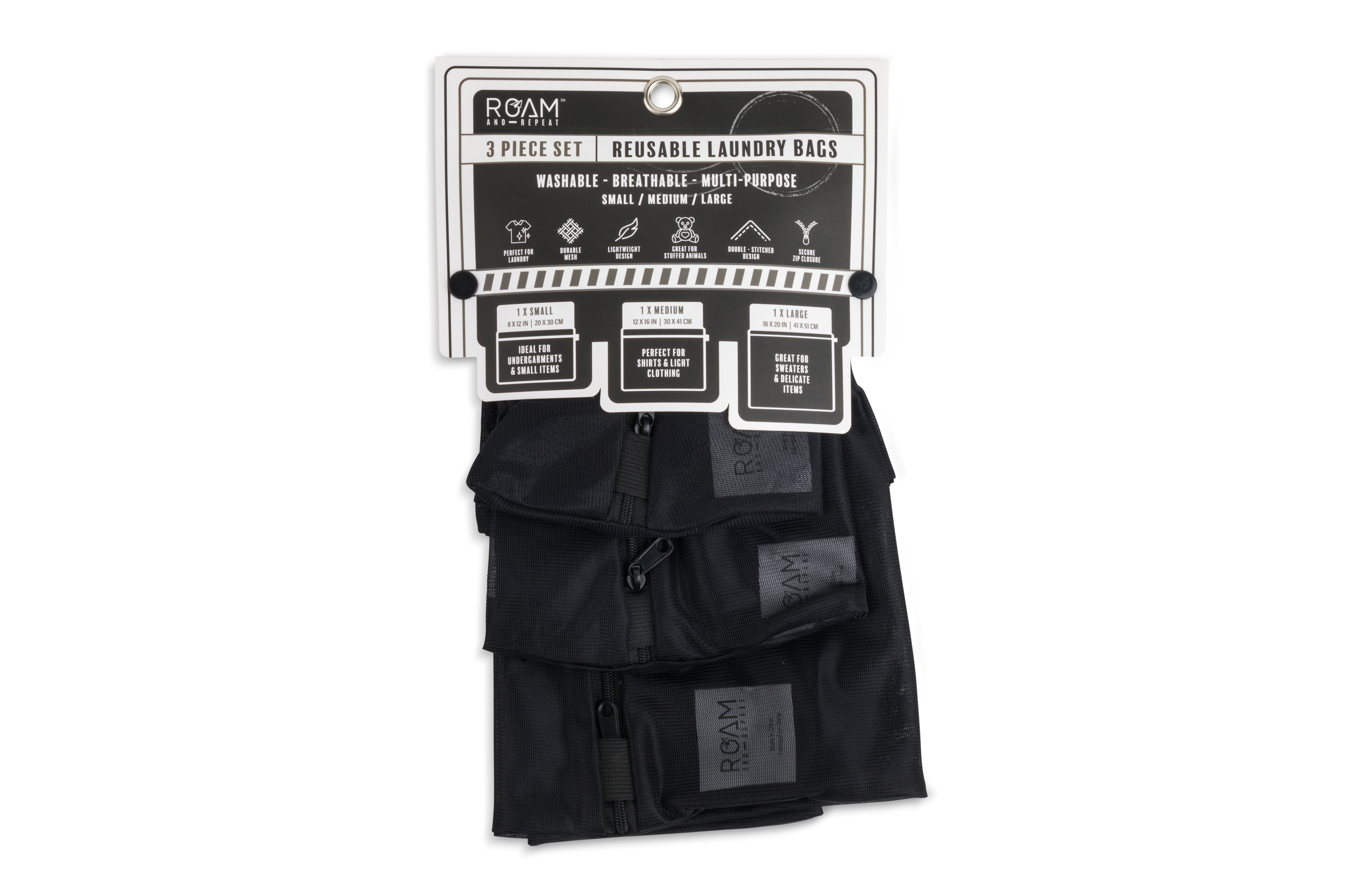 LAUNDRY BAG 3PC SM/MD/LG  BLACK